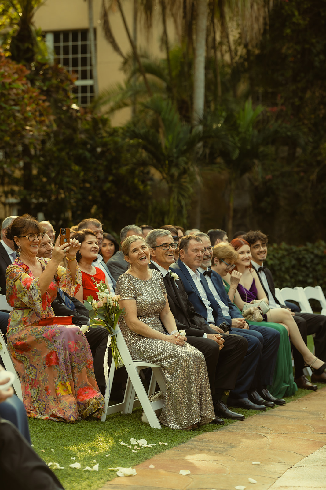 Sunken Garden Wedding Ceremony Laughing Guest Candid Documentary Wedding Photographer in St.Petersburg