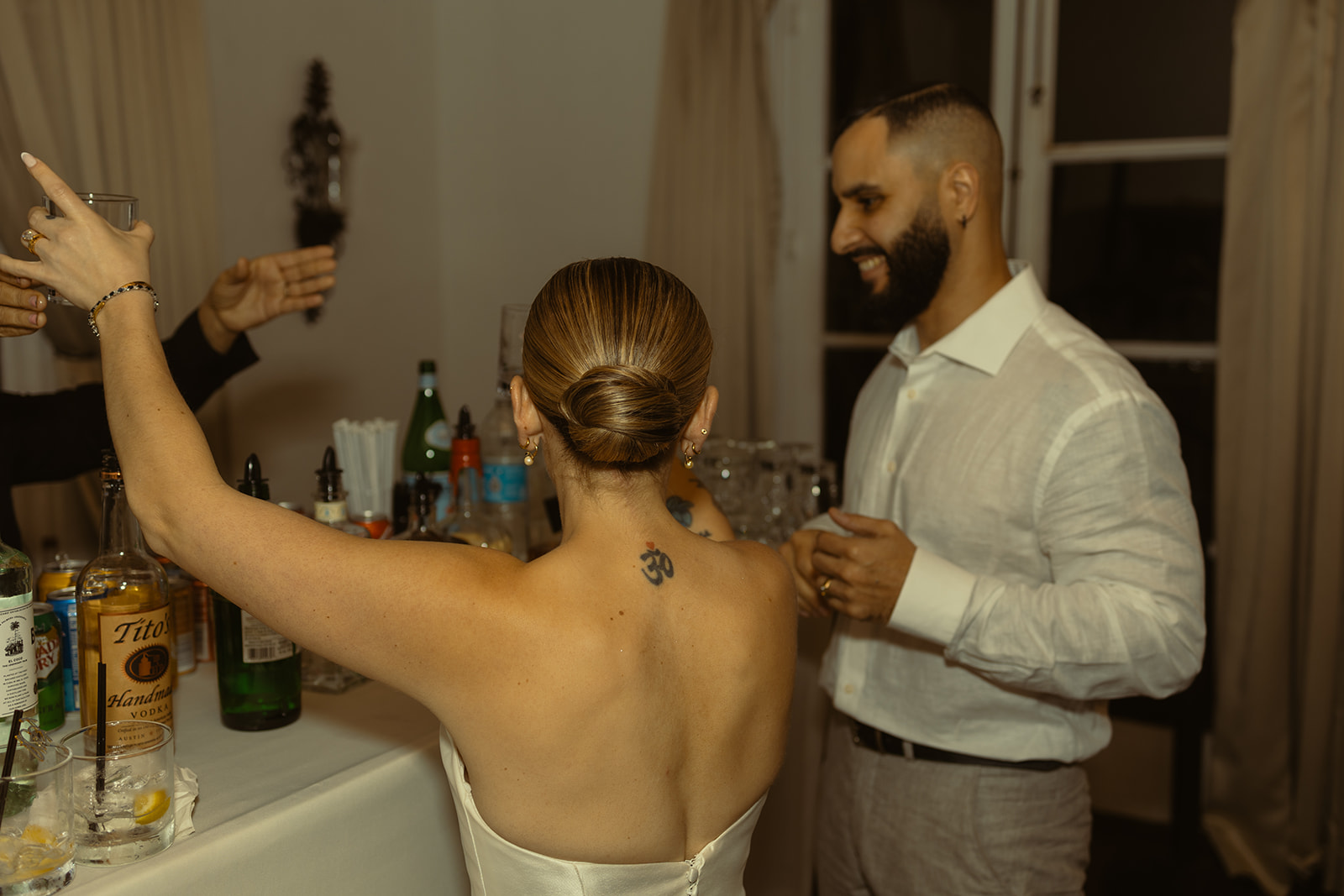 Candid Bride & Groom taking shot Wedding Reception Villa Woodbine Tuscany-Inspired Venue in Miami Florida