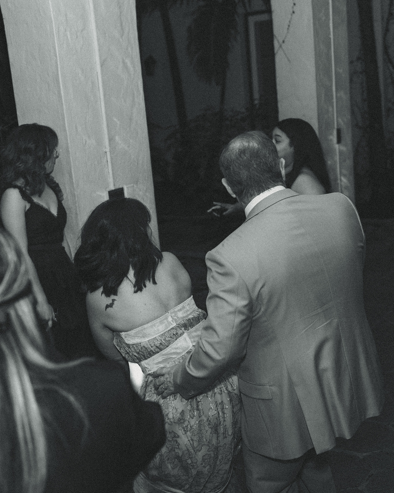 Guests Dancing Wedding Reception Villa Woodbine Tuscany-Inspired Venue in Miami Florida B&W