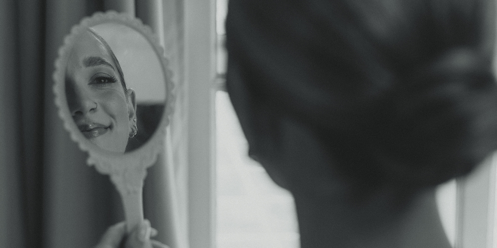 Documentary Wedding Bride & Vintage Mirror Getting Ready Suite Villa Woodbine Tuscany-Inspired Venue Black and White