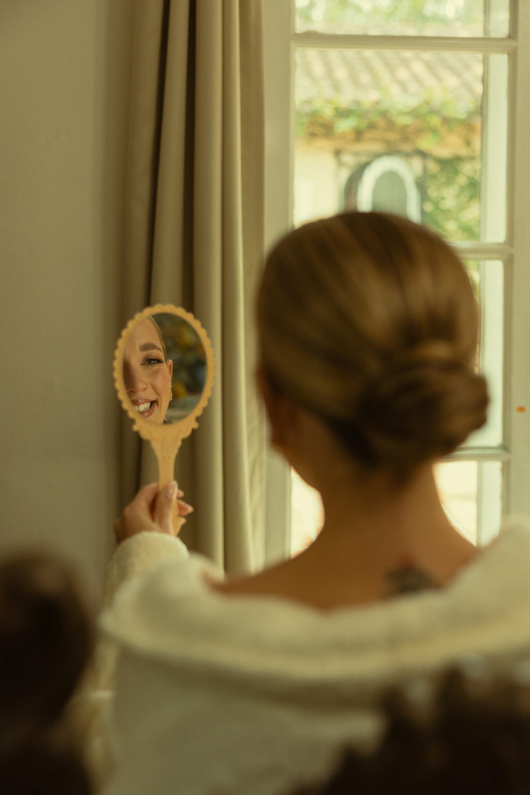 Documentary Wedding Bride and Vintage Mirror Suite Villa Woodbine Tuscany-Inspired Venue