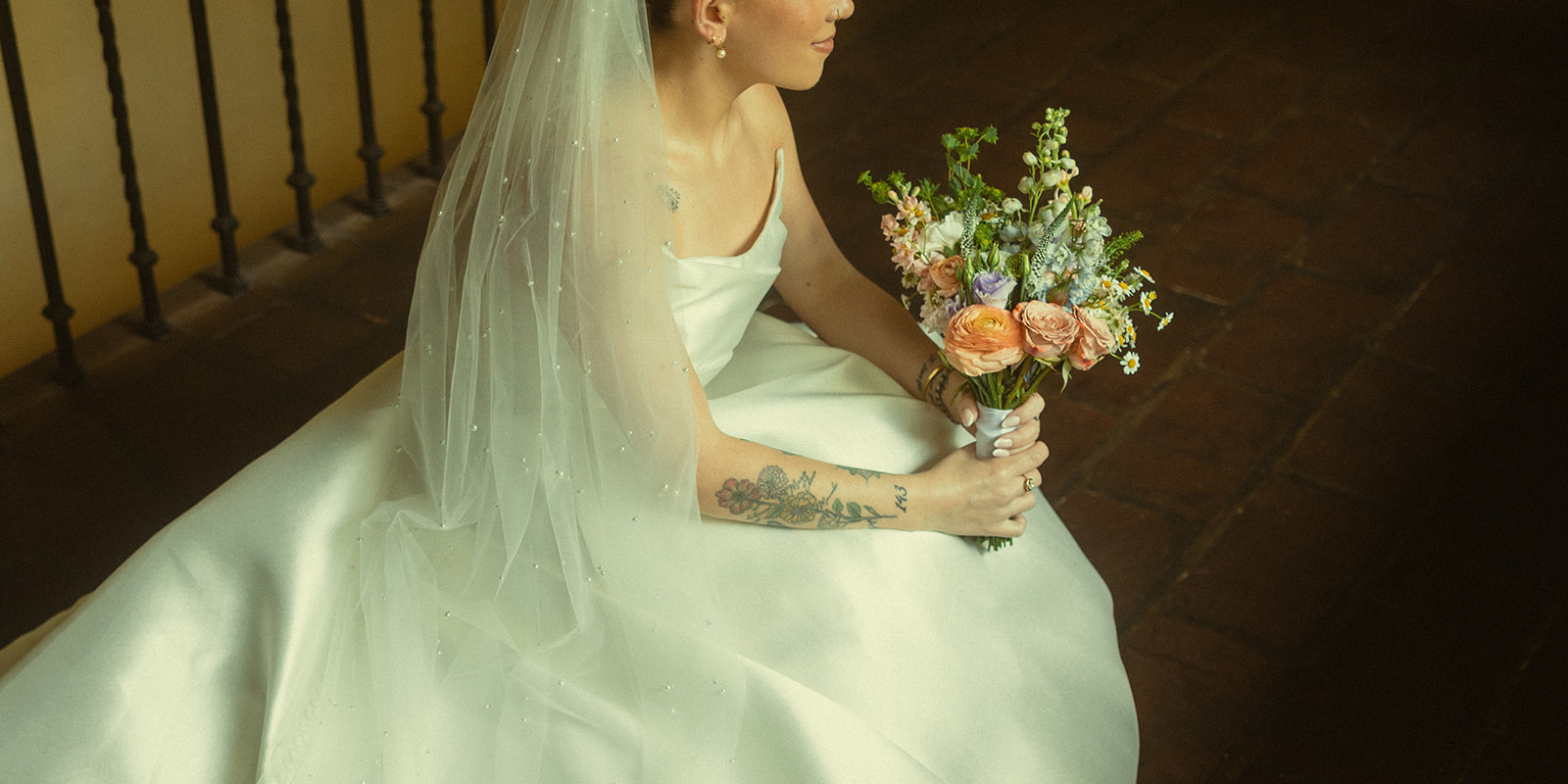 Allure Bride Wedding Dress Bridal Portraits Spring Colorful Bouquet Villa Woodbine Tuscany-Inspired Venue