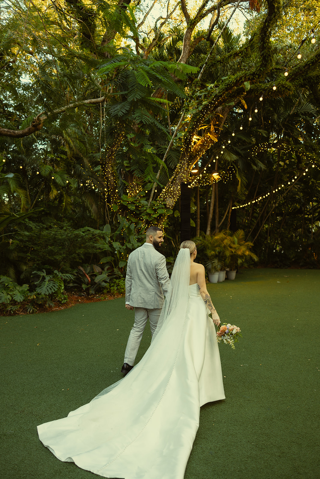 Fun and Playful Newly Weds Couple Portraits Villa Woodbine Tuscany-Inspired Venue in Miami Florida Twinkle Lights