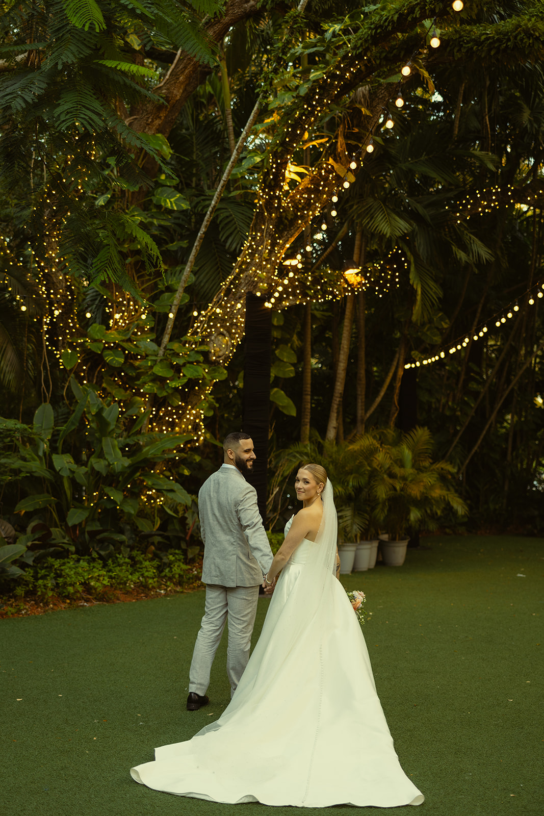 Newly Weds Editorial Couple Portraits Villa Woodbine Tuscany-Inspired Venue in Miami Florida Twinkle Lights