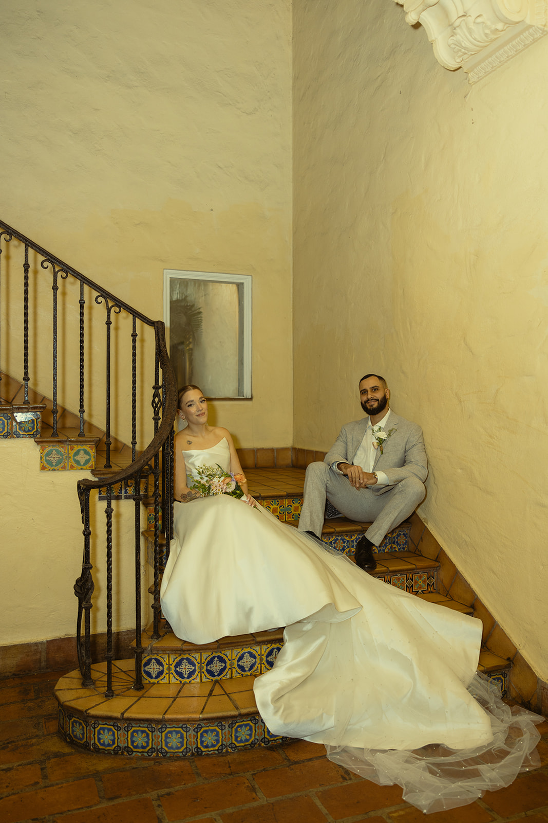 Newly Weds Couple Portraits Sitting in Stairs Villa Woodbine Tuscany-Inspired Venue in Miami Florida