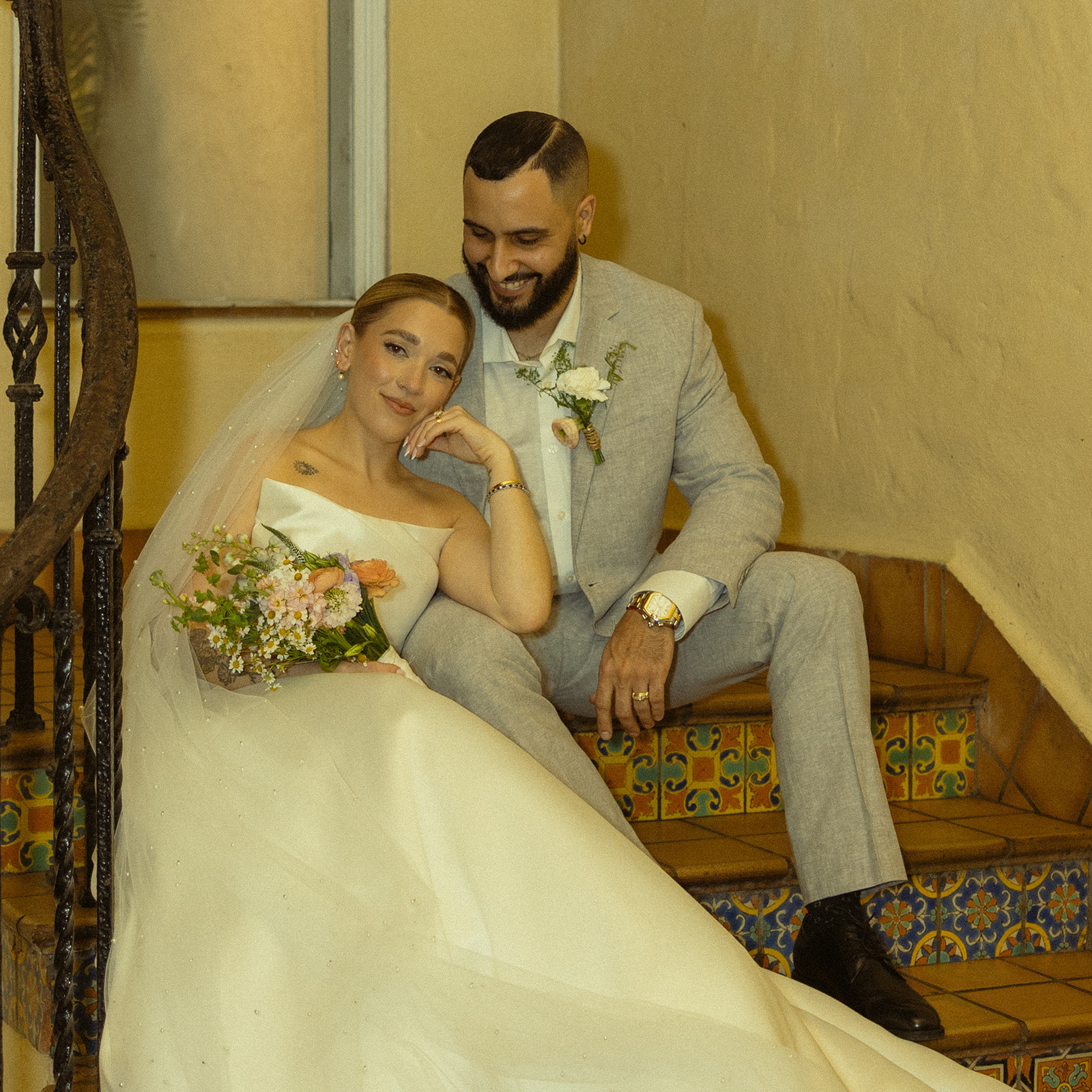 Newly Weds Couple Portraits Stairs Villa Woodbine Tuscany-Inspired Venue in Miami Florida