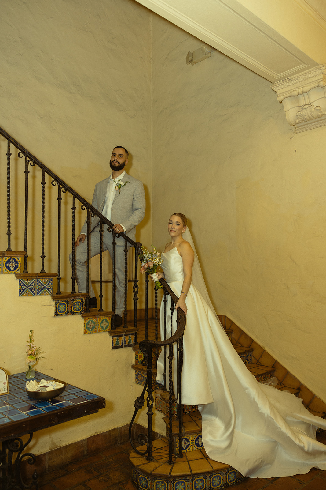 Newly Weds Couple Portraits Standing Stairs Villa Woodbine Tuscany-Inspired Venue in Miami Florida Allure Wedding Dress