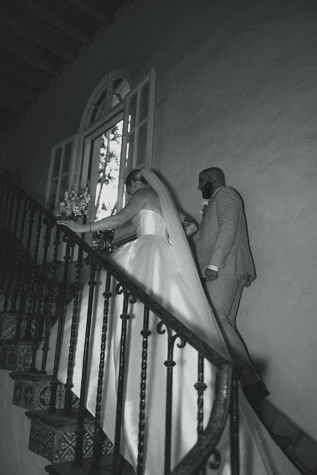 Newly Weds Couple Portraits Stairs Villa Woodbine Tuscany-Inspired Venue in Miami Florida Black and White Candid