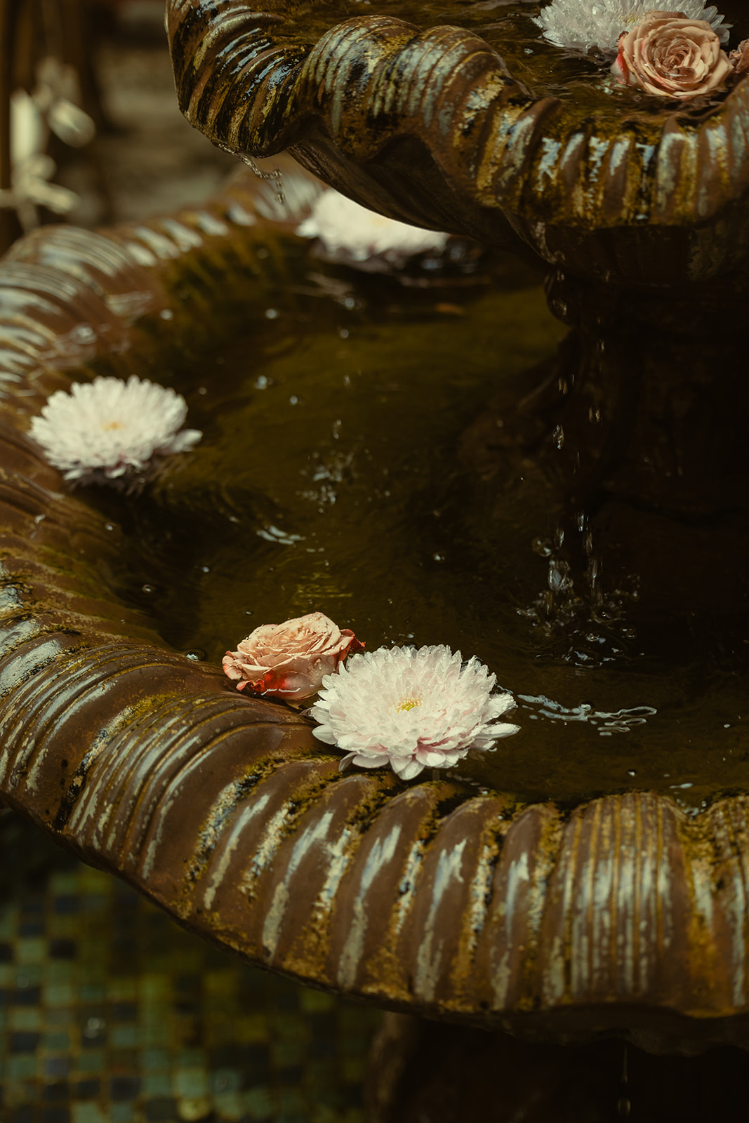 Wedding Details Fountain with Spring Pink Florals Villa Woodbine Tuscany-Inspired Venue