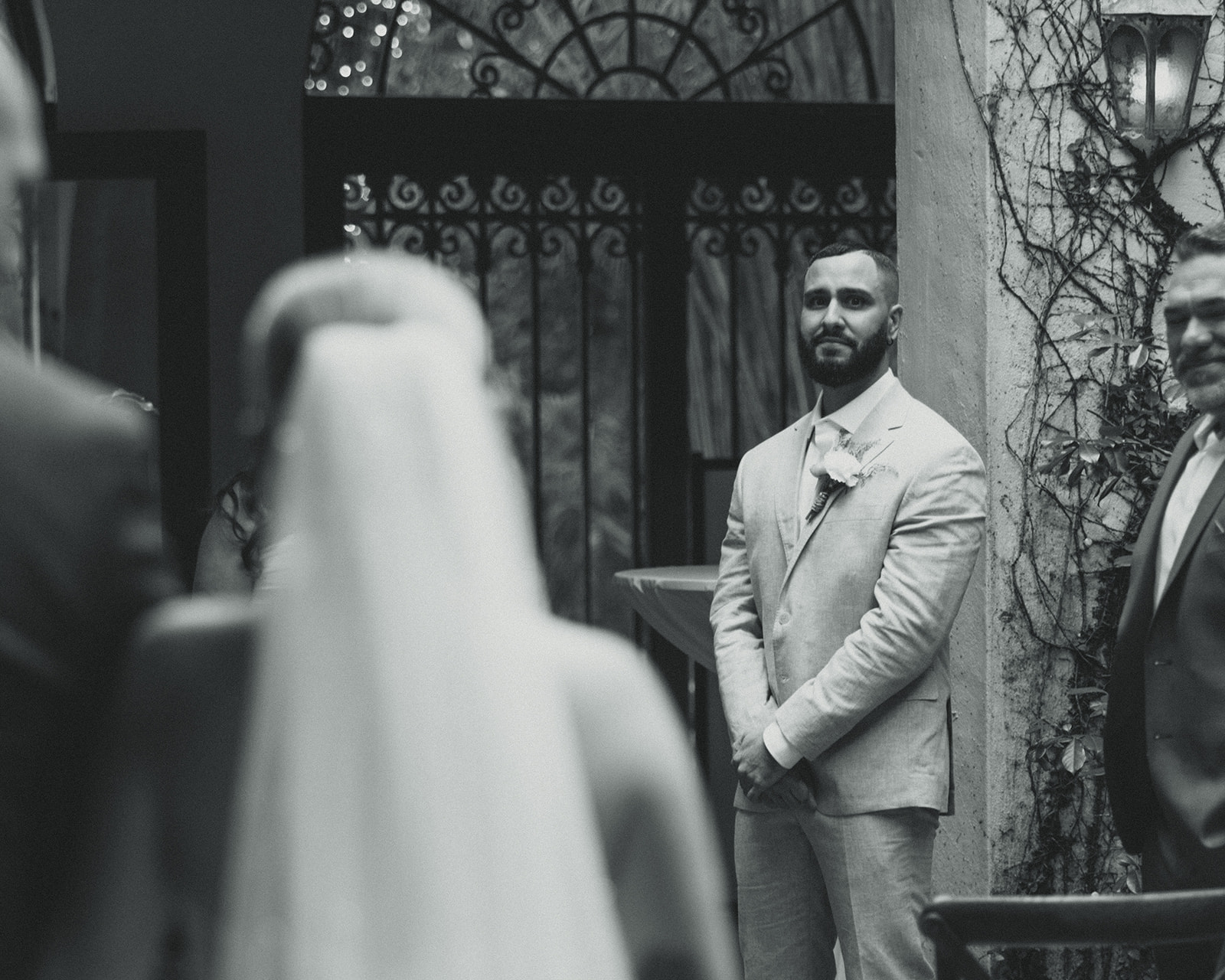 Documentary Wedding Ceremony Candid Villa Woodbine Tuscany-Inspired Venue in Miami Florida Crying Groom black and white