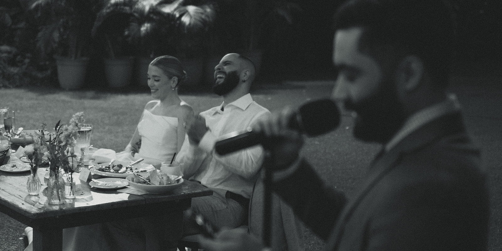 Candid Bride Groom Laughing Villa Woodbine Tuscany-Inspired Venue in Miami Florida B&W