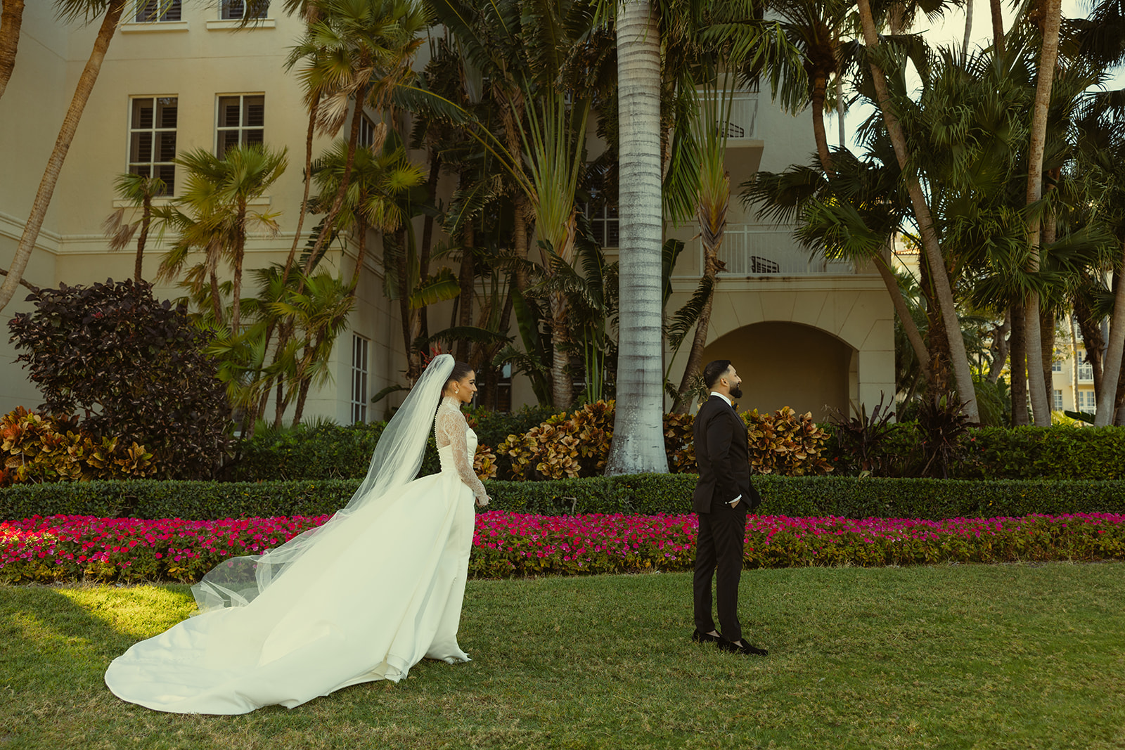 Bride and Groom First Look for wedding at JW Marriott Turnberry Resort in Miami