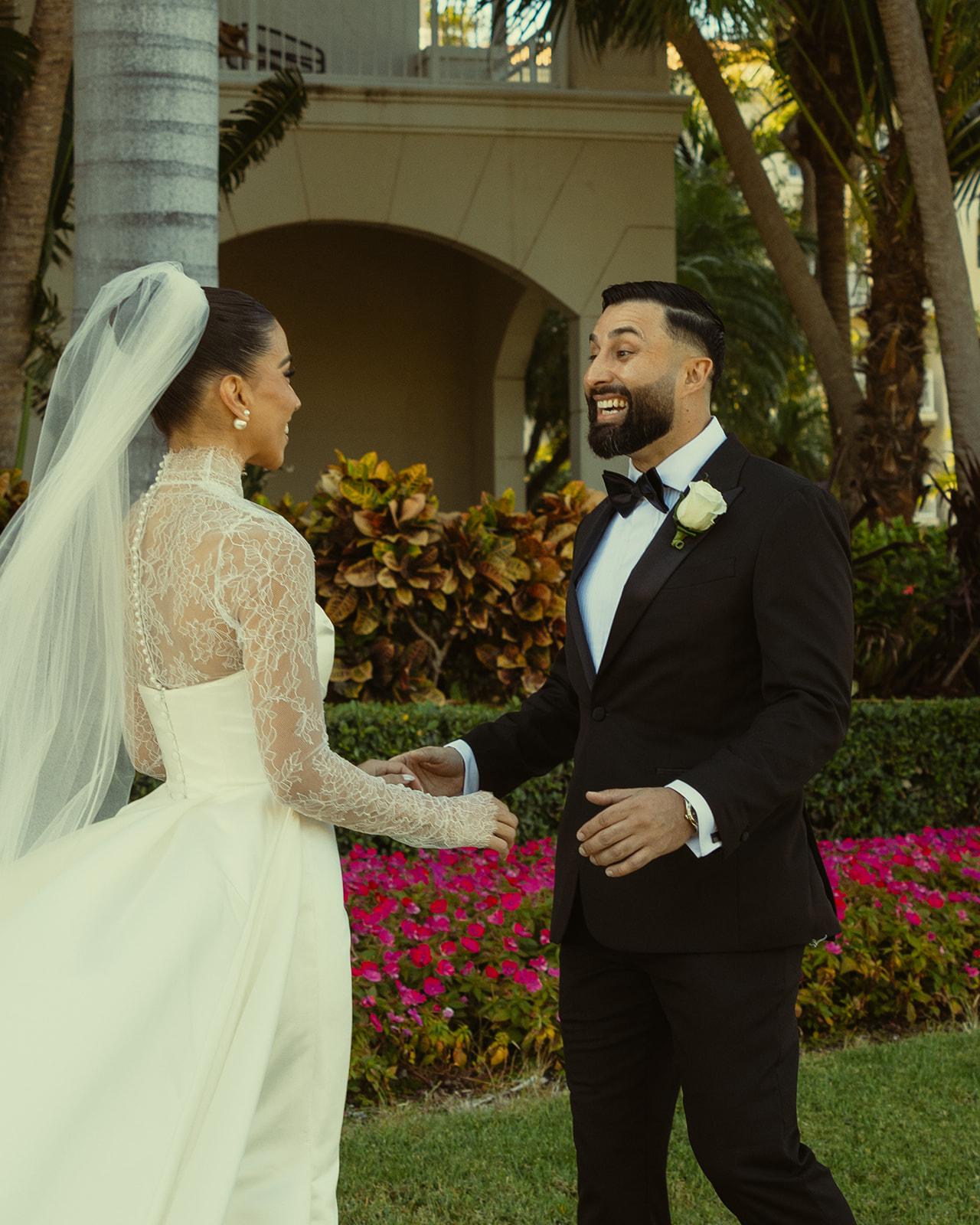 Bride and Groom First Look for wedding at JW Marriott Turnberry Resort in Miami Genuine Reaction