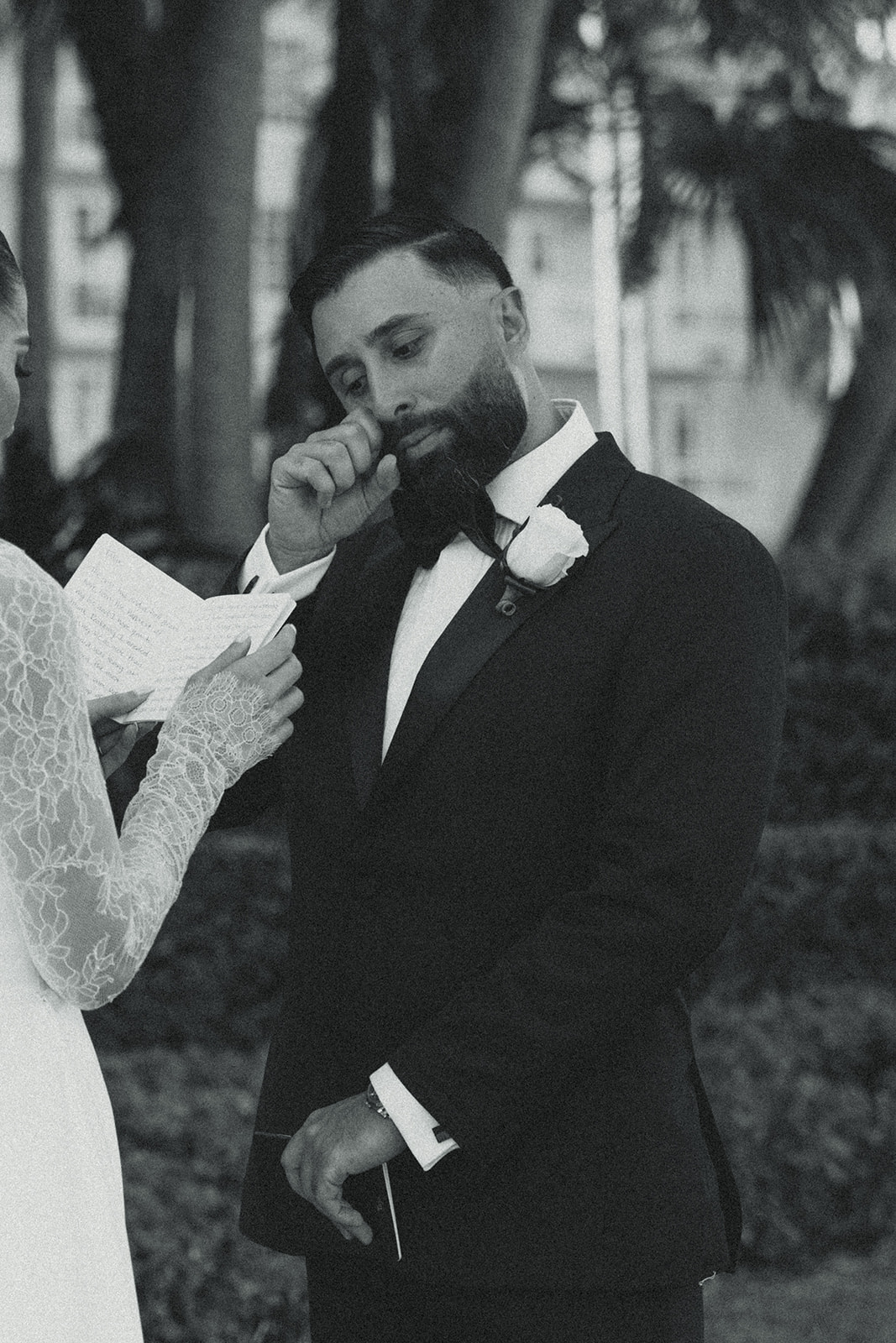 Emotional Crying Groom during Private Vow Exchange JW Miami Turnberry Resort Documentary Wedding Photographer Black and White