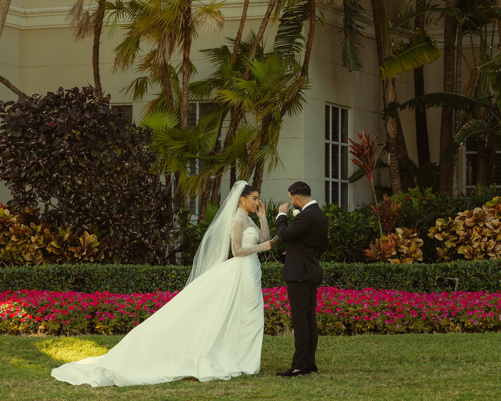 Bride & Groom emotional and crying during vow exchange at the JW Miami Turnberry Resort. Documentary Miami Wedding Photographer. Essense of Australia Wedding Dress