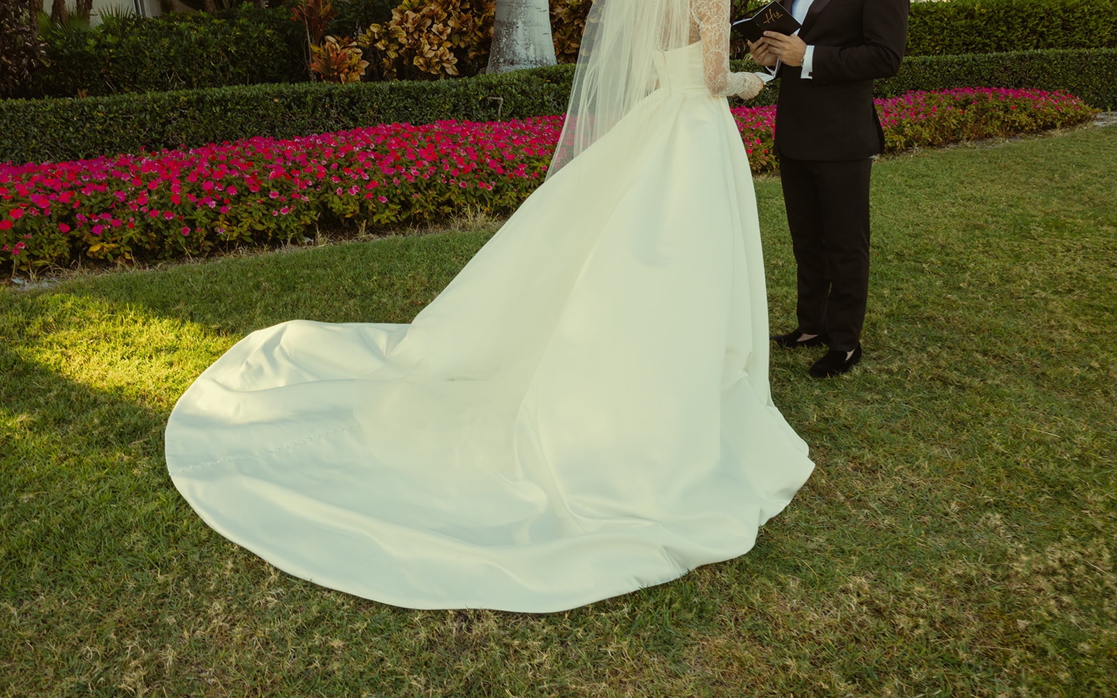 Bride & Groom during vow exchange at the JW Miami Turnberry Resort. Documentary Miami Wedding Photographer. Essense of Australia Wedding Dress