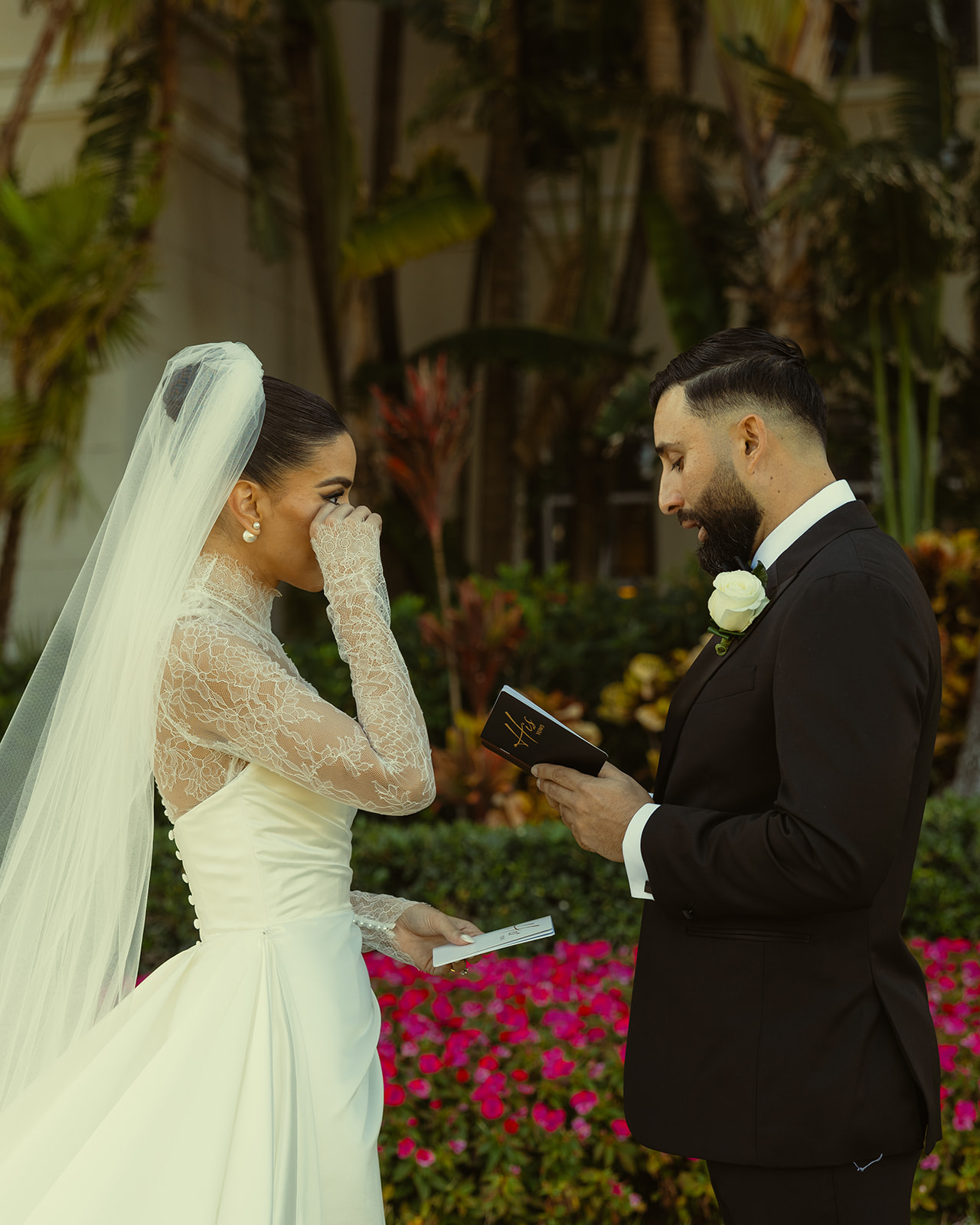 Crying Bride as Groom reads Vows during vow Exchange JW Miami Turnberry Resort Documentary Wedding Photographer