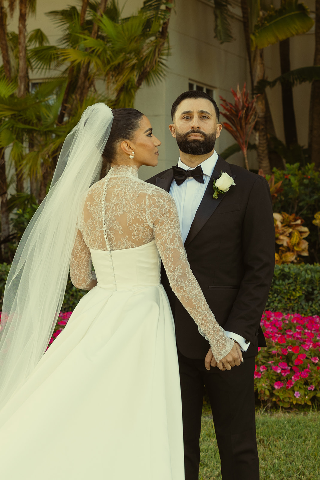 Luxurious and editorial bride and groom wedding portraits JW Marriott Turnberry in Miami. Documentary Wedding Photographer