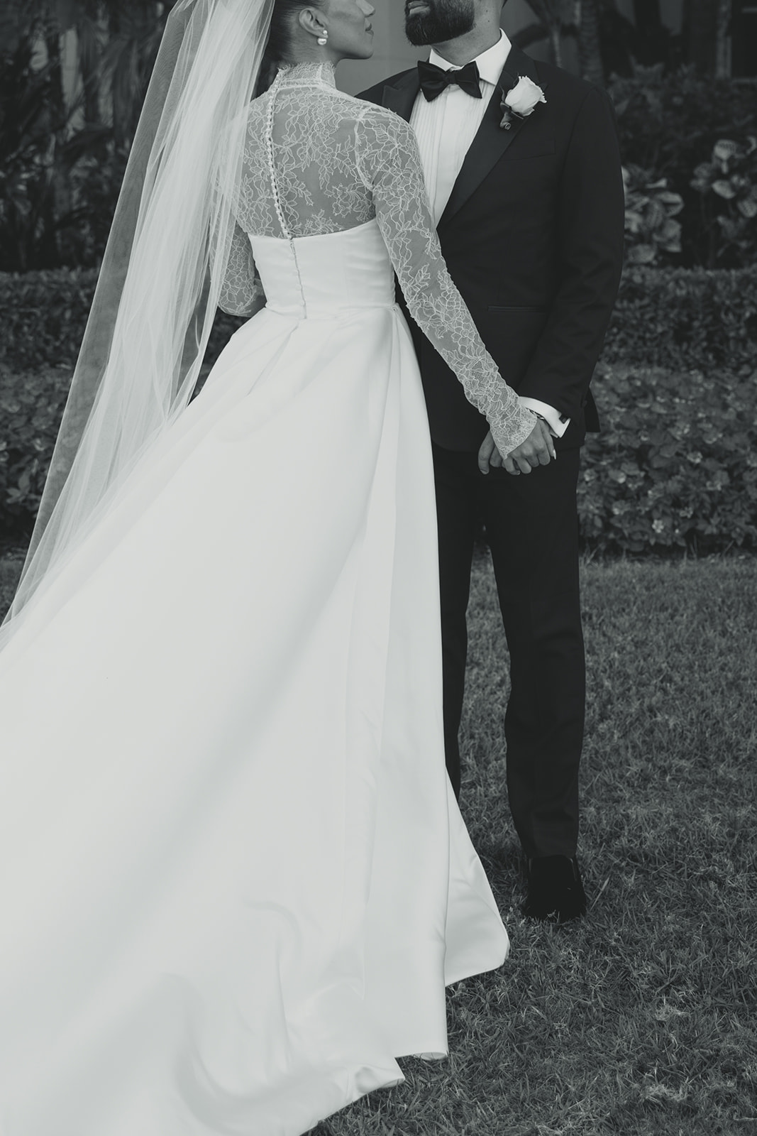 Luxurious and editorial bride and groom wedding portraits JW Marriott Turnberry in Miami. Documentary Wedding Photographer Black and White