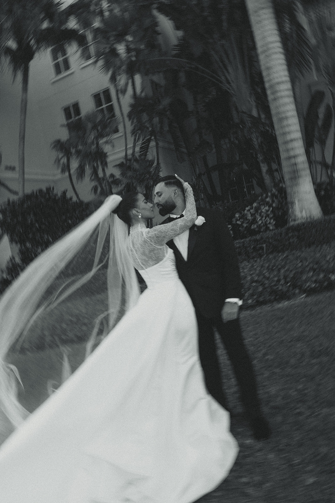 Black and White Motion Blur bride and groom wedding portraits JW Marriot Turnberry in Miami. Documentary Wedding Photographer