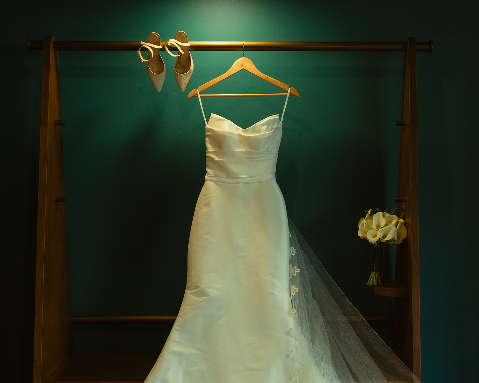 Bridal Details hanging dress picture Timeless Wedding in Mayfair Hotel & Garden