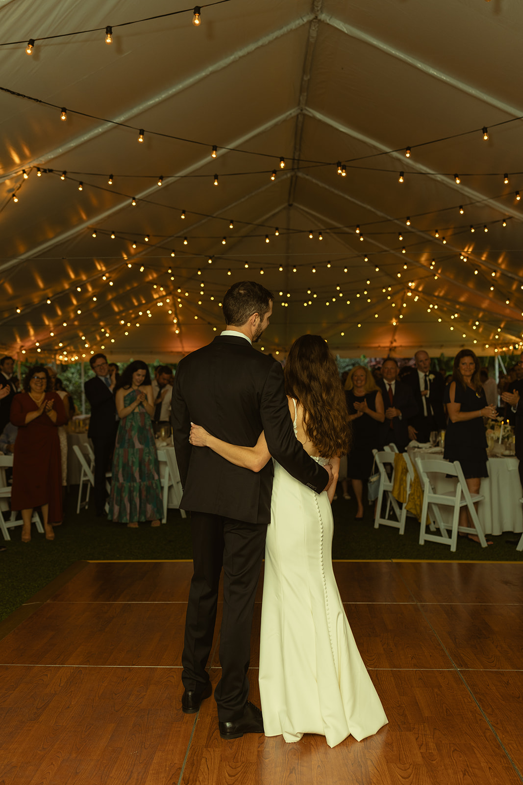 Bride and Groom Reception Entrance Twinkle Lights in Tented Reception Space Sunken Gardens in St.Petersburg