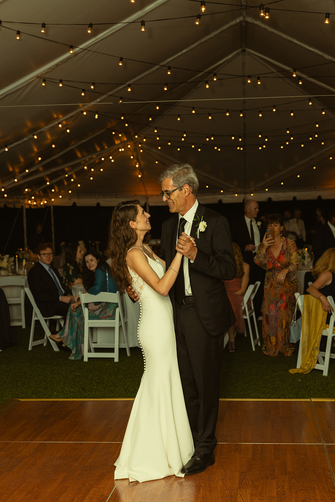 Bride and Father First Dance Twinkle Lights in Tented Reception Space Sunken Gardens in St.Petersburg