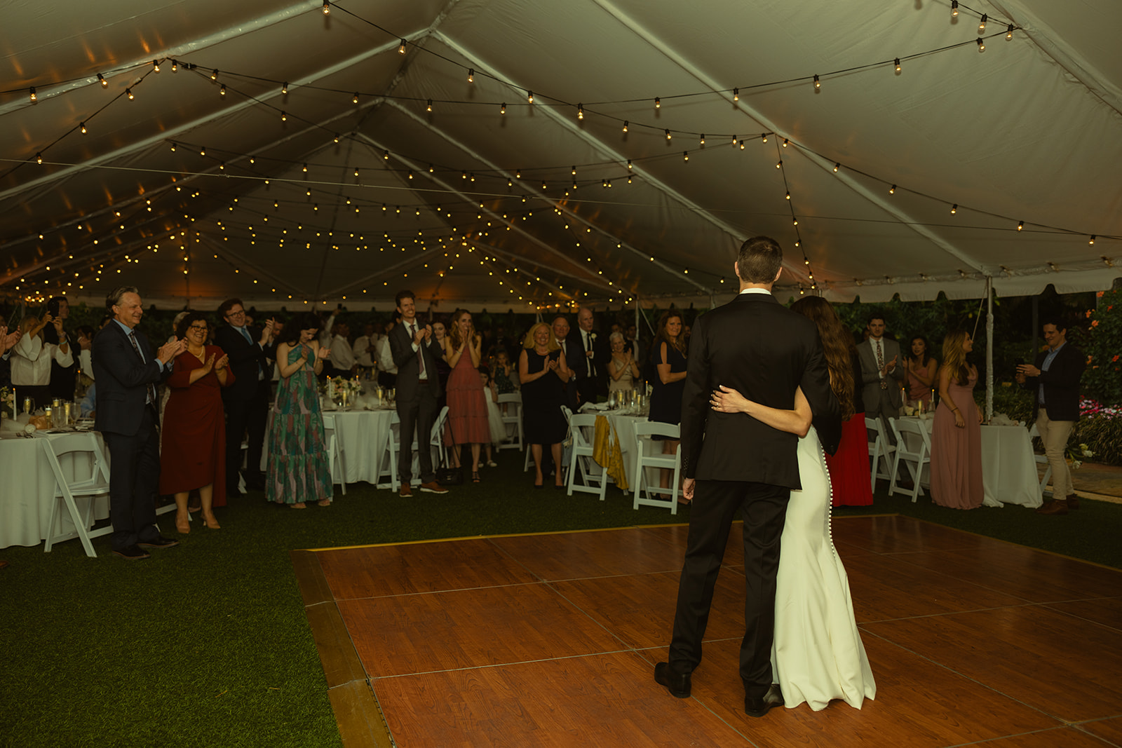 Bride and Groom Reception Entrance Twinkle Lights in Tented Reception Space Sunken Gardens in St.Petersburg