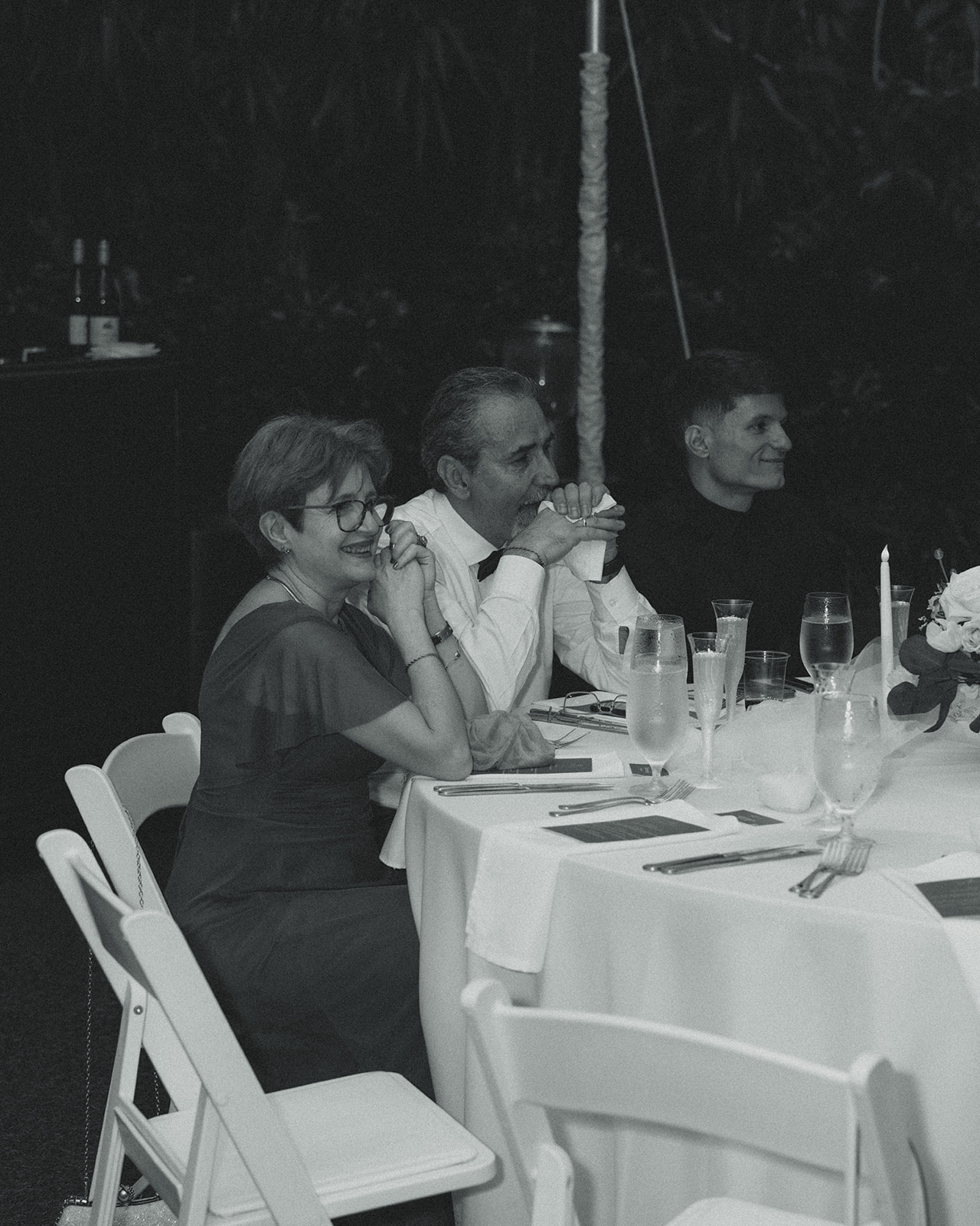 Crying Emotional Guests Candid During Bride and Groom Reception Entrance Sunken Gardens in St.Petersburg Black and White