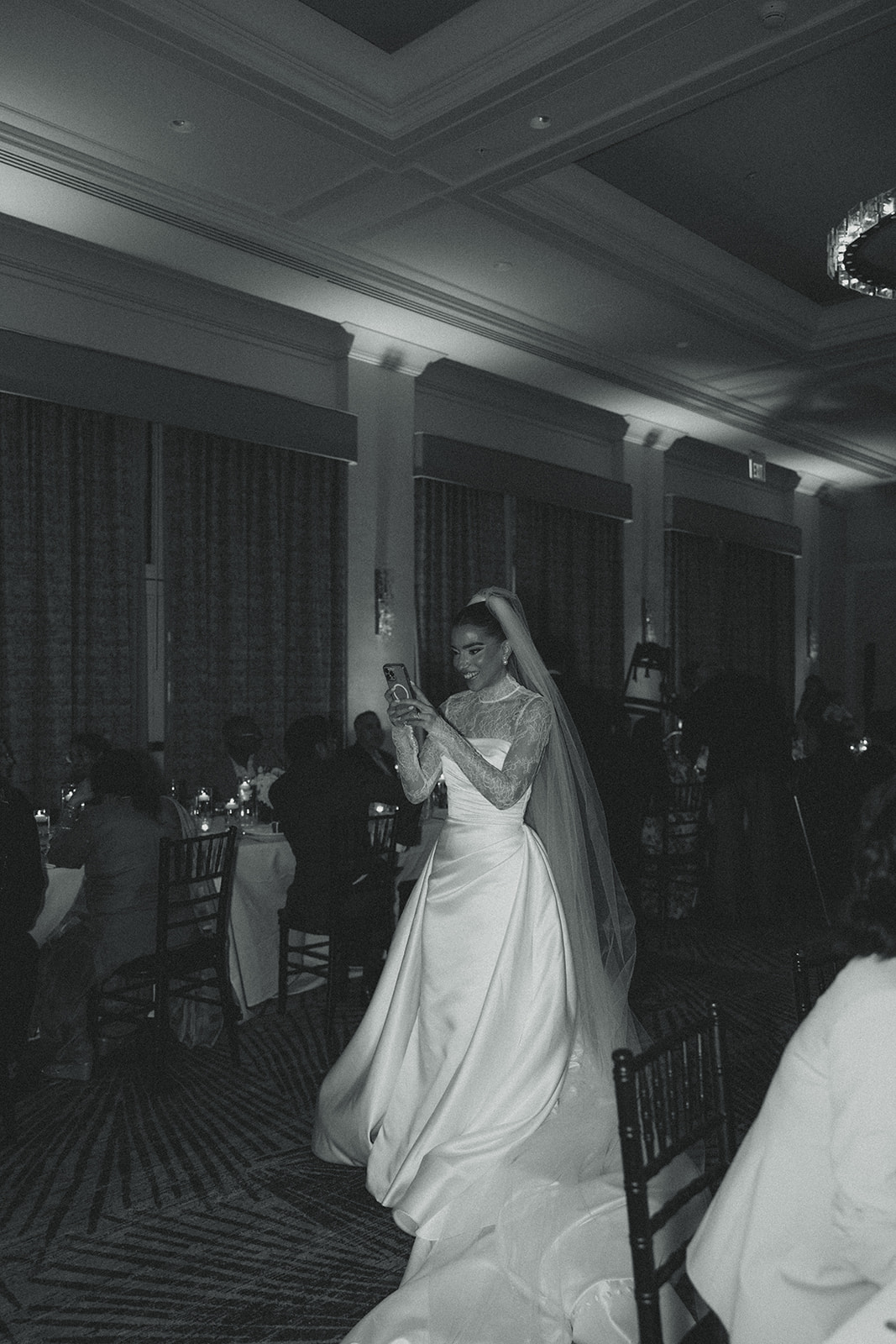 Dinner Bride Candids JW Marriott Turnberry Miami. Documentary Wedding Photography. Black and White