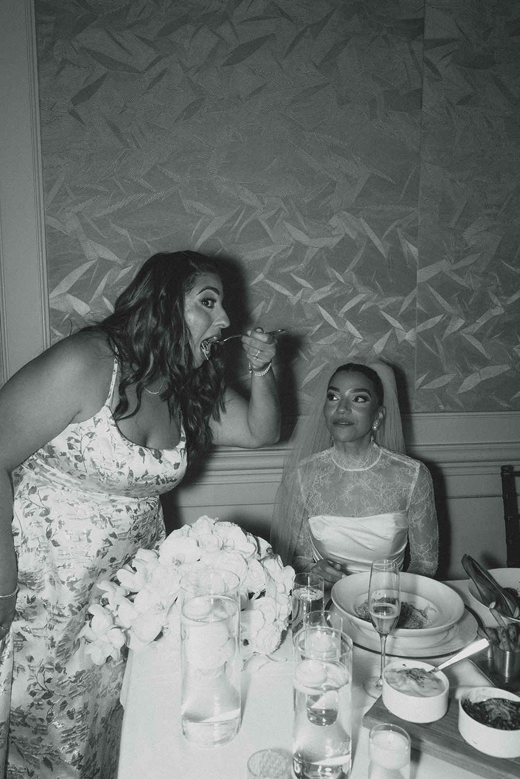 Wedding Guest and Bride Candids during Intimate Dinner Reception at the JW Marriott Turnberry in Miami Black and white