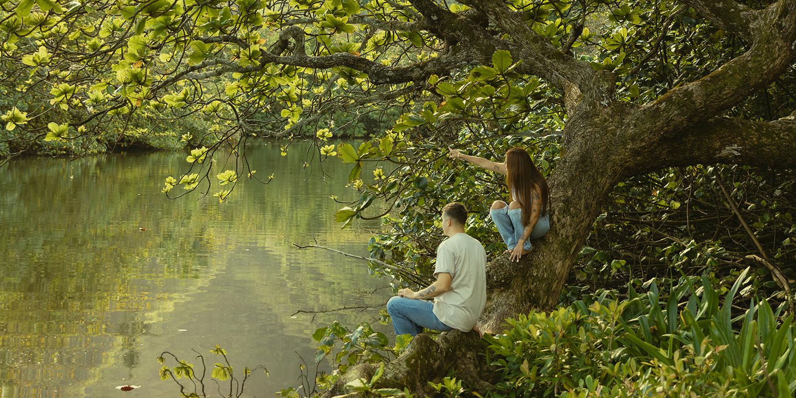 Lush Lakeside Mountains Oahu Hawaii Engagement Pictures Climbing Trees Couple North Shore