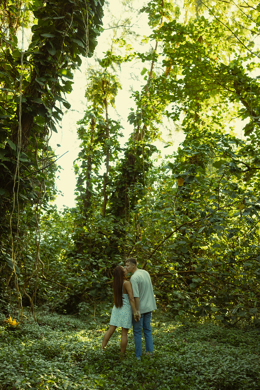 Lush Forest Oahu Hawaii Engagement Pictures Kissing Couple North Shore