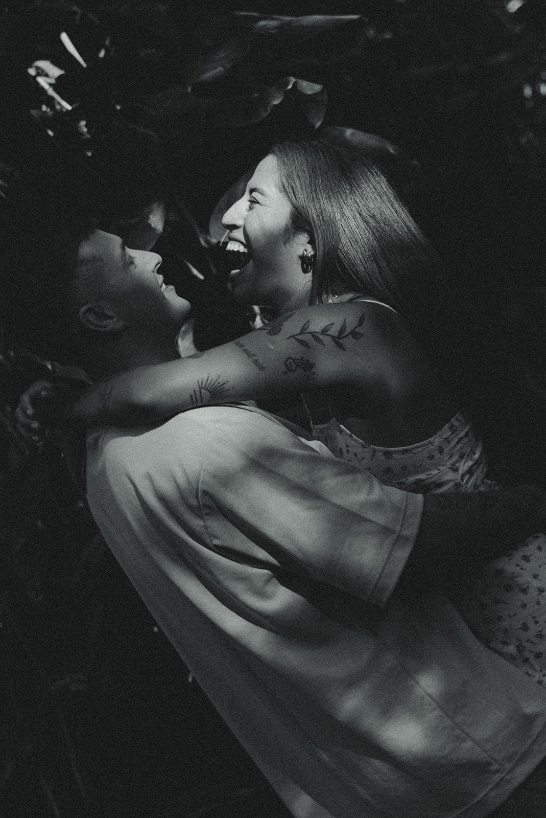 Lush Forest Oahu Hawaii Engagement Pictures Laughing Couple North Shore B&W