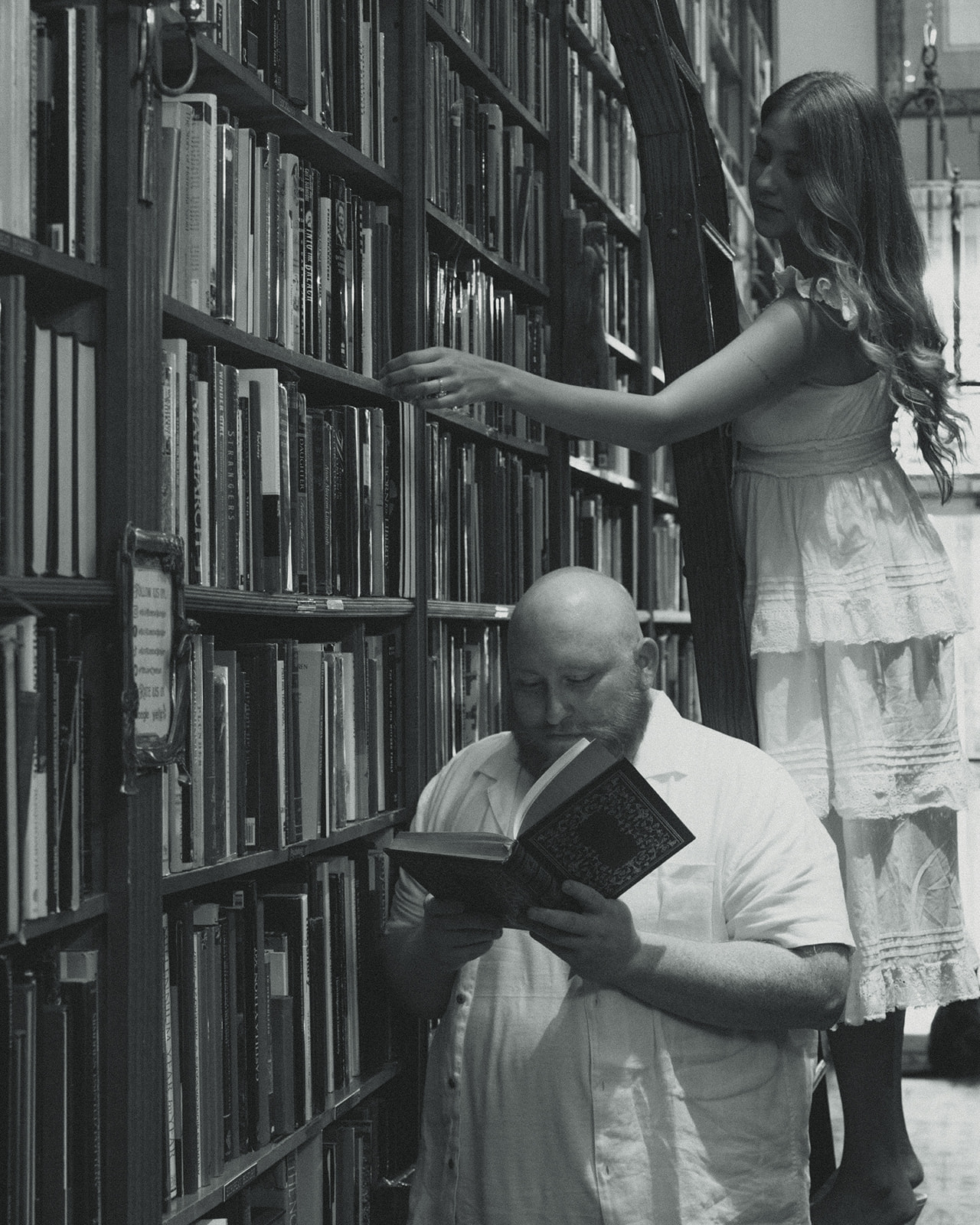 Black and White Movie Still Engagement Session Miami Florida Bookstore Engagement Session