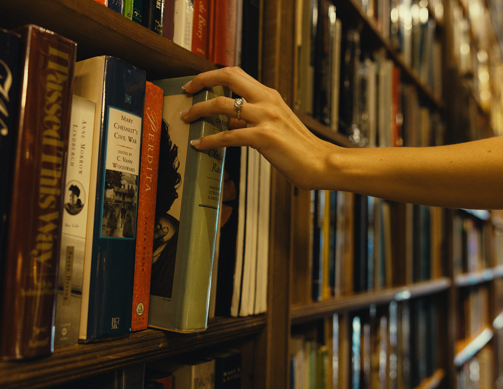 Movie Still Bookstore Picking Books Engagement Session Miami Florida Wedding Photographer