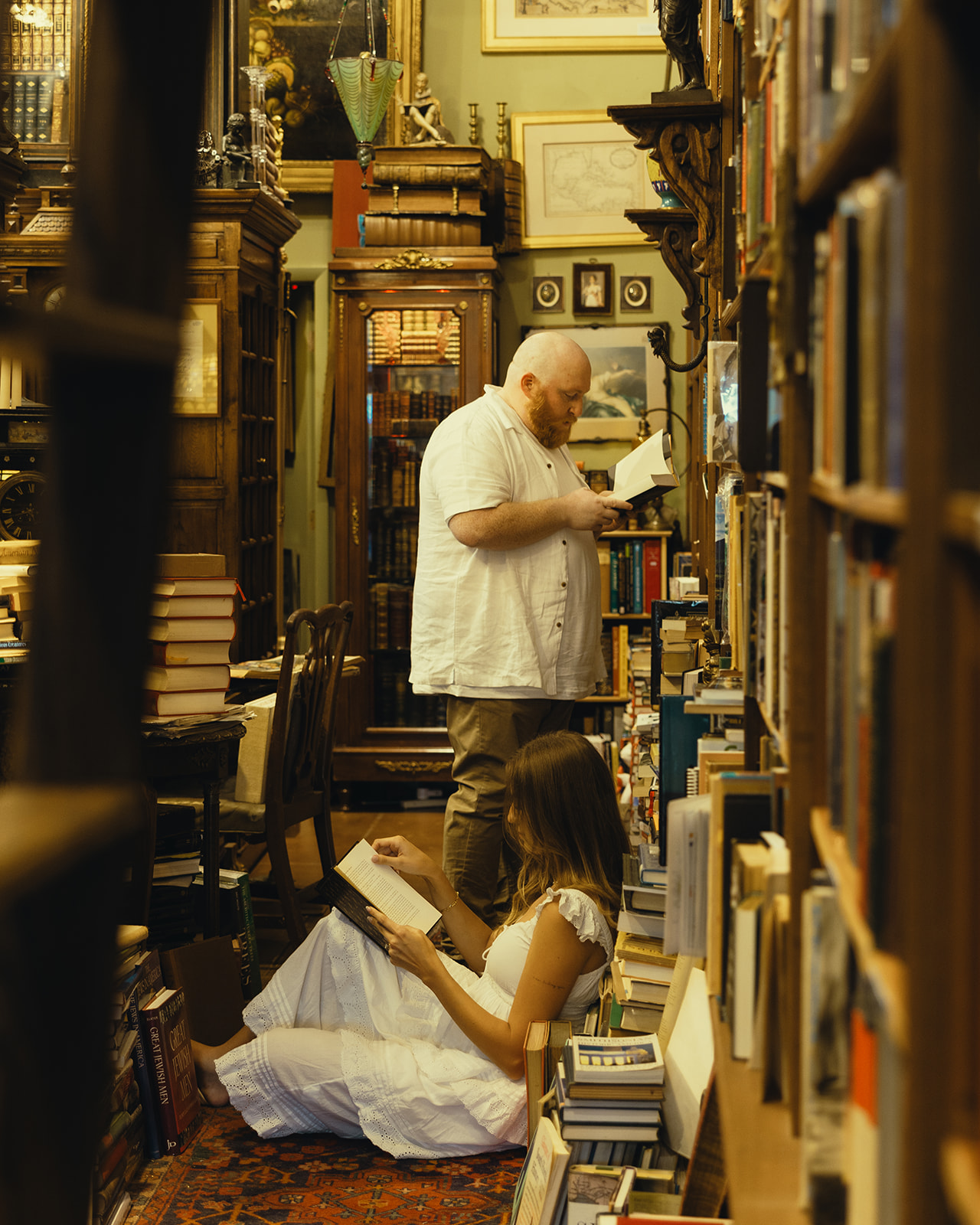 Movie Still Bookstore Documentary Engagement Session Miami Florida Wedding Photographer Reading Books