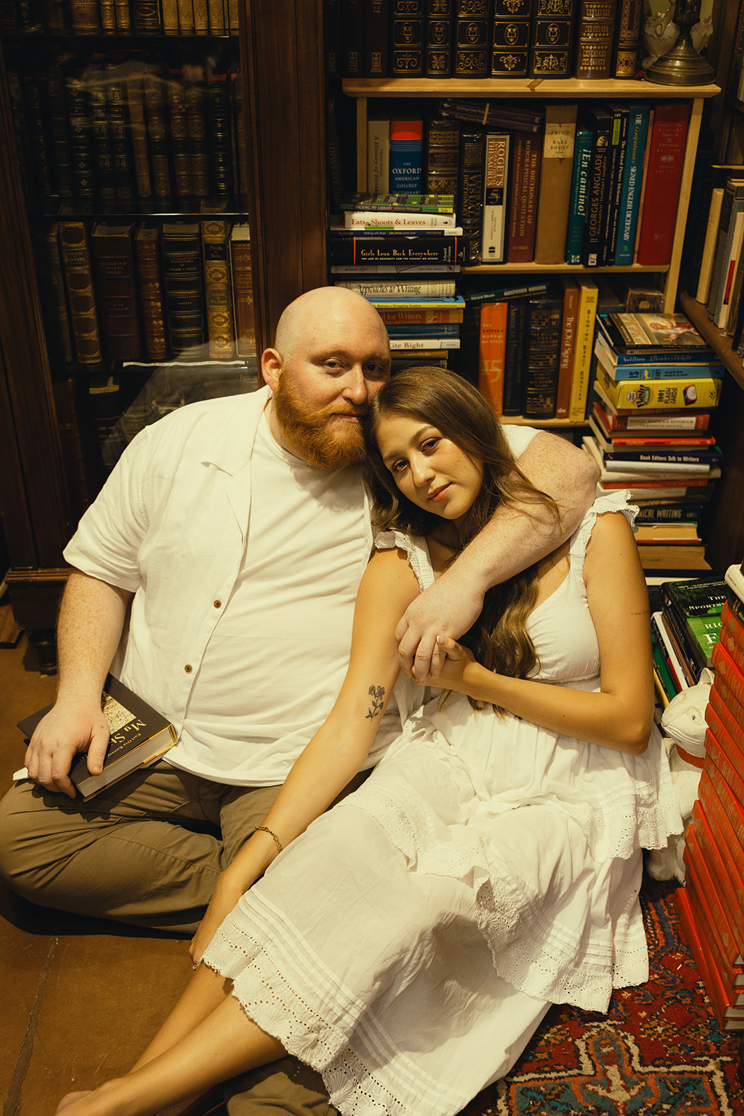 Movie Still Hugging Couple Session Bookstore Miami Wedding Photographer