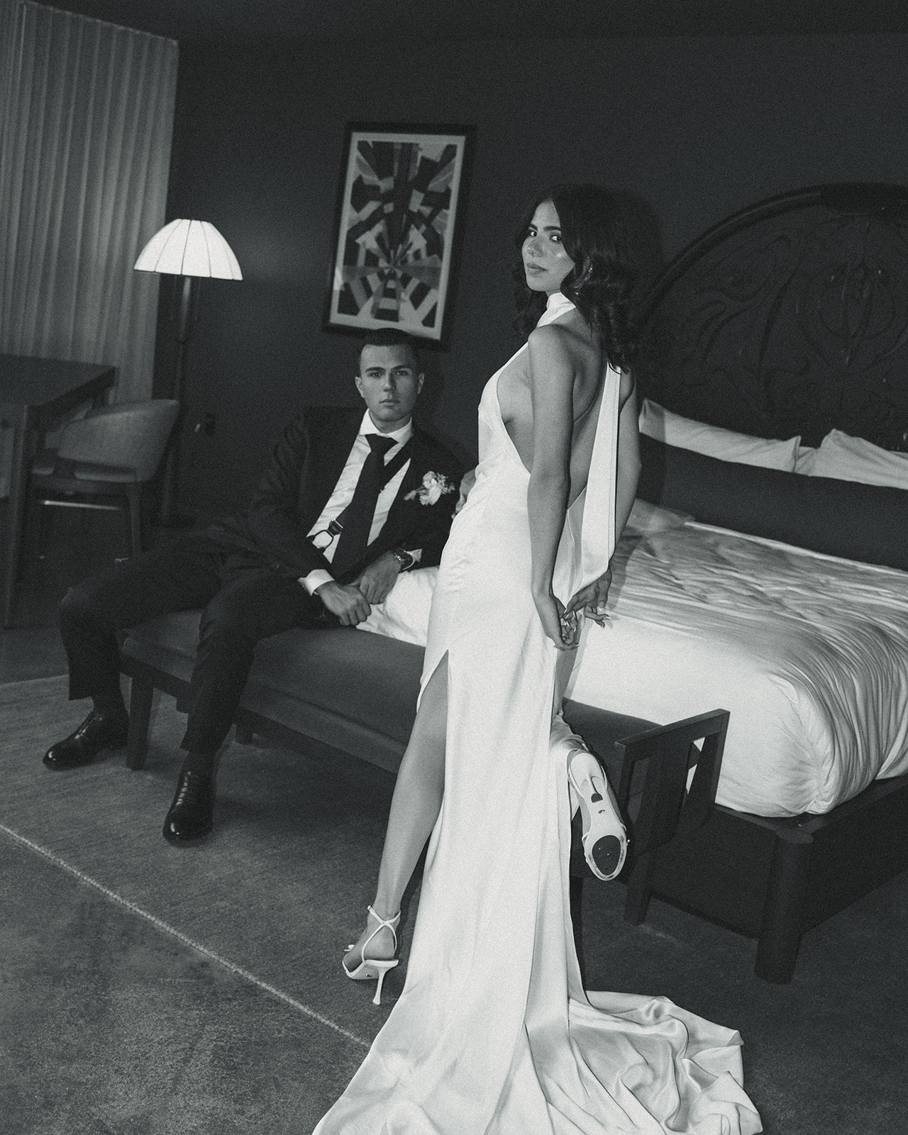 Editorial Bride and Groom Wedding Portraits at Mayfair Hotel & Garden Coconut Grove B&W