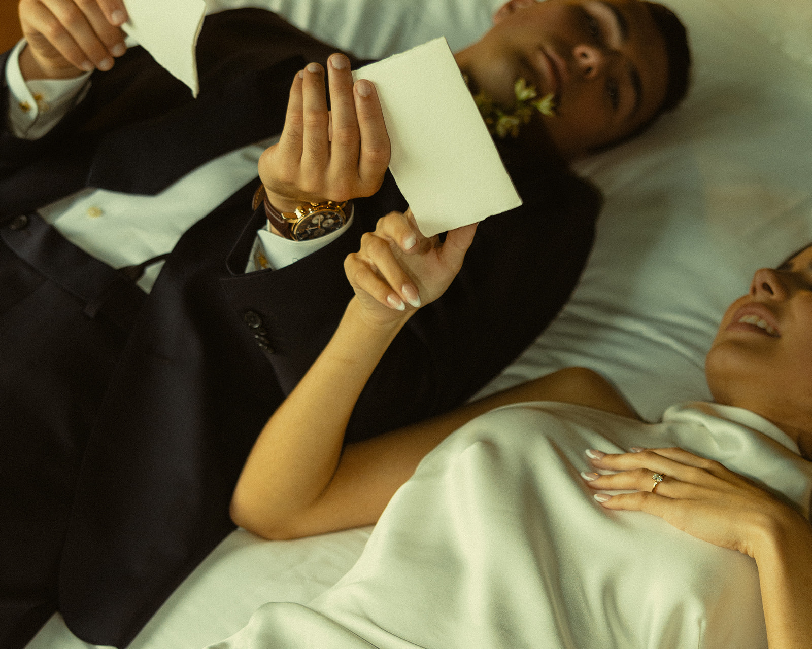 Bride and Groom Reading Vows on Bed Wedding Portraits at Mayfair Hotel & Garden Coconut Grove 