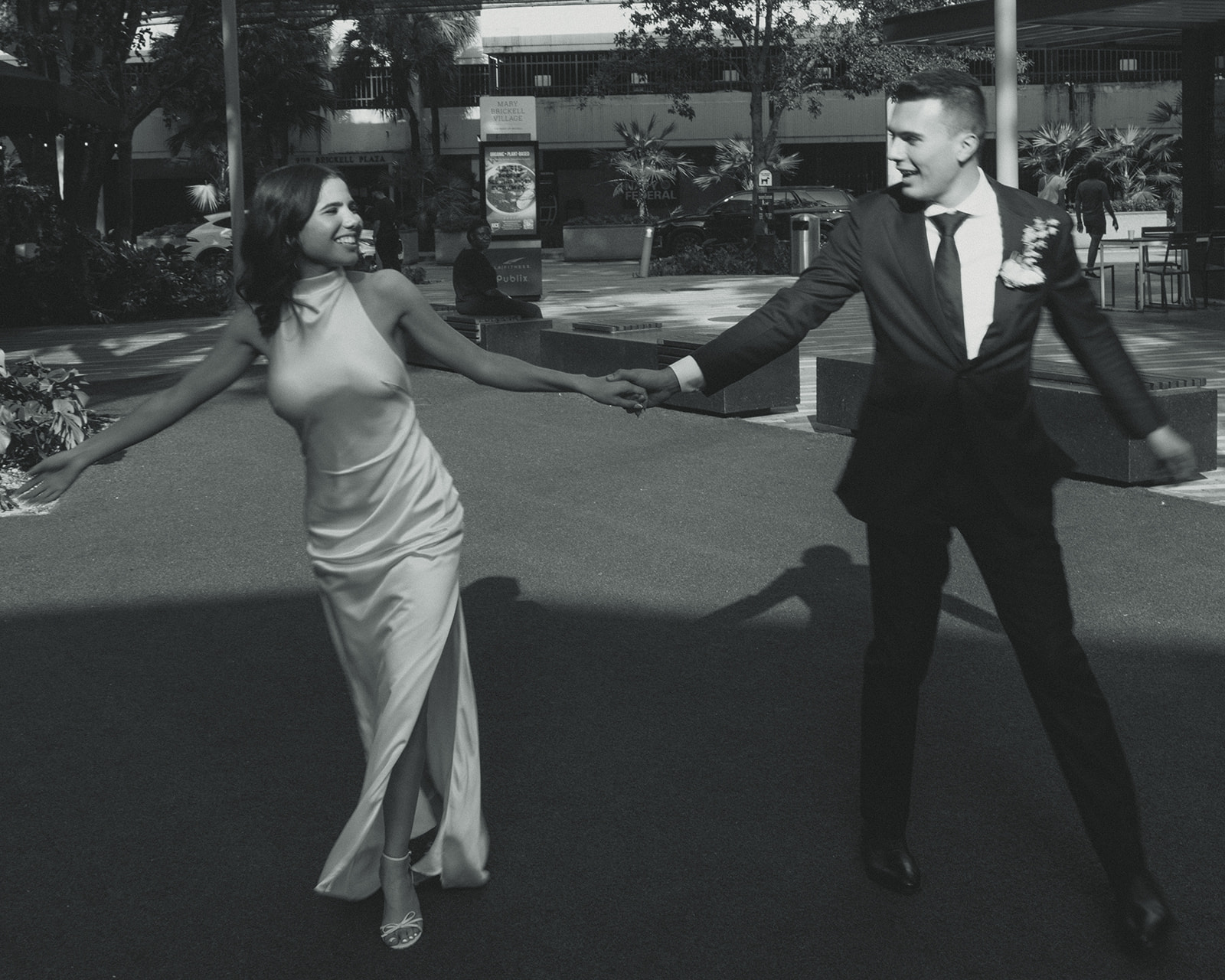 Documentary Bride and Groom Portraits City Miami Downtown Wedding Photographer Motion Blur black and White