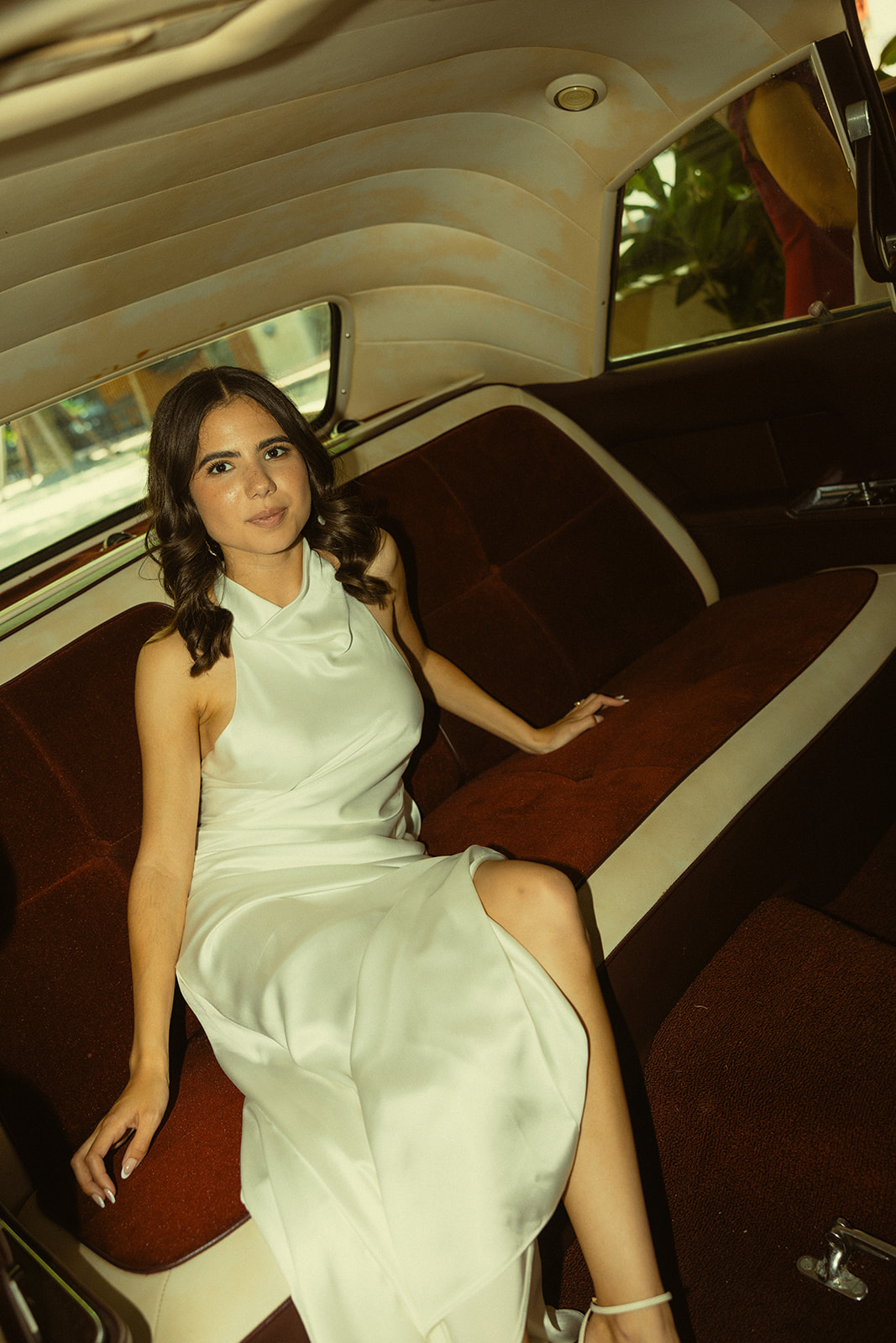 Documentary Wedding Bride in Vintage Cadillac Car