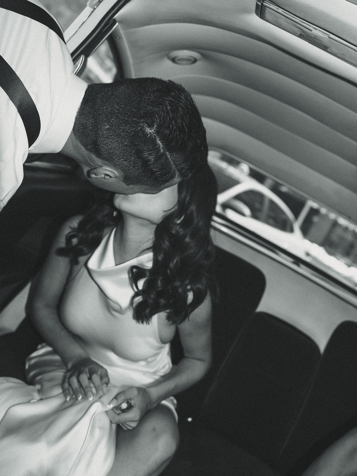 Bride & Groom Documentary Wedding Bride Getting in Vintage Cadillac Car Black and White