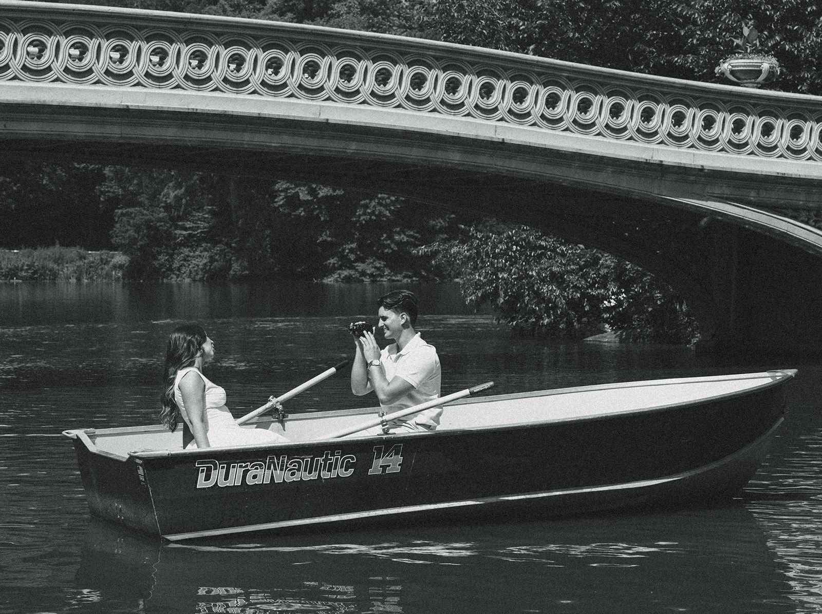 Romantic Central Park Canoe Boat Engagement Session Black and White