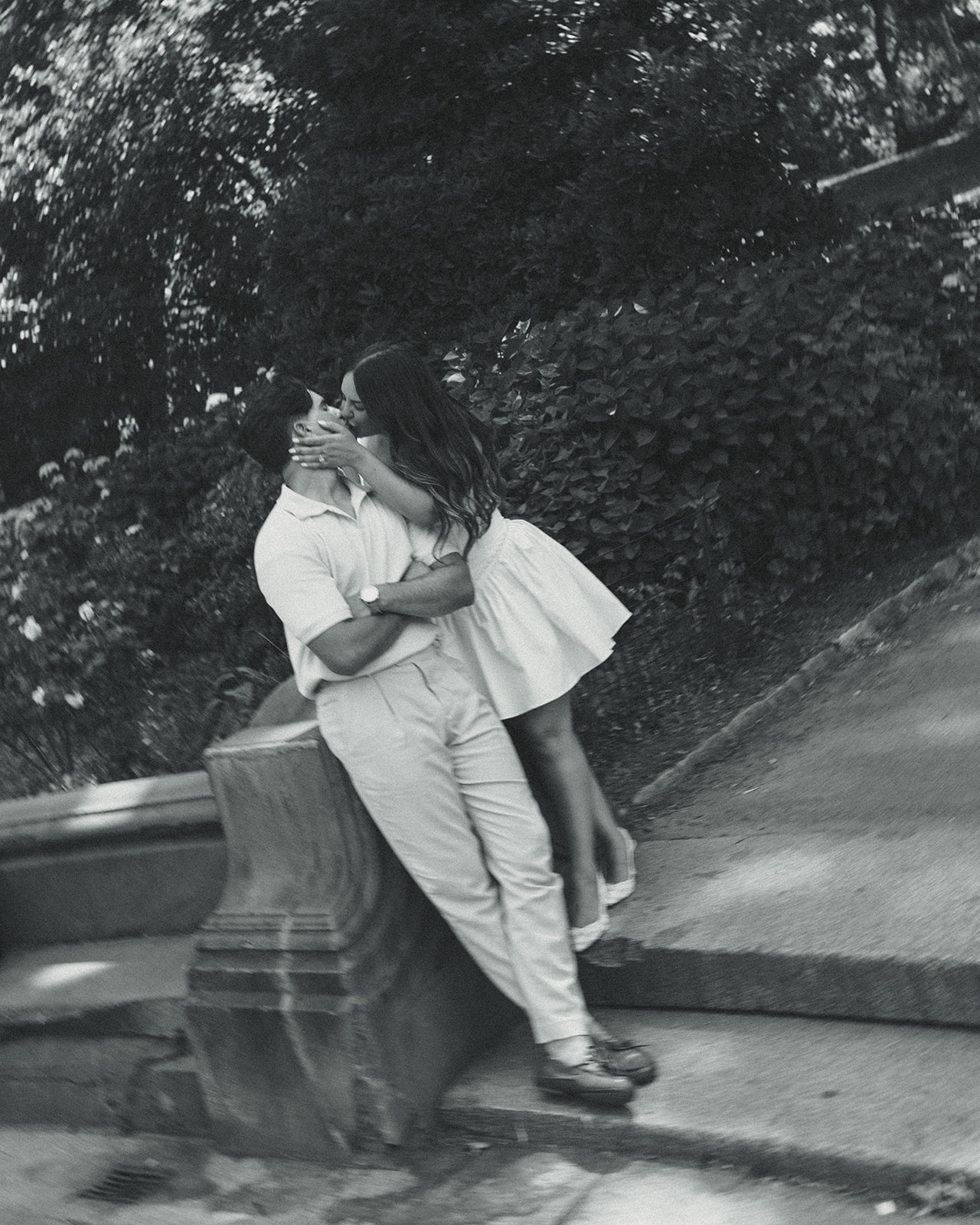 Editorial Engagement Photos in Central Park New York City, New York Kissing Couple Black and White