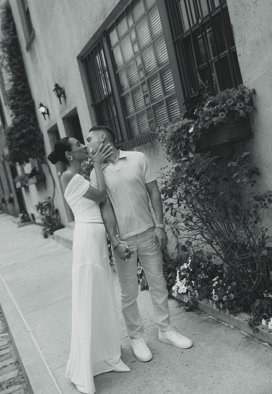 Greenwich Village New York City Editorial Engagement Photos Kissing Couple Black and White