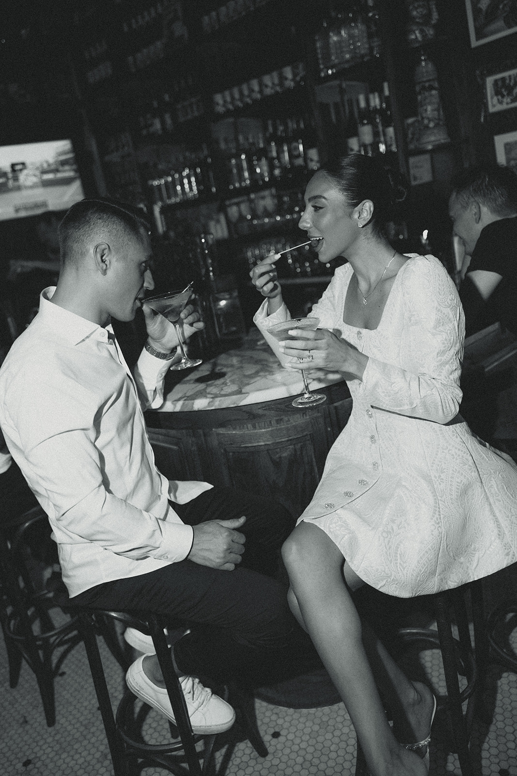 Sexy Editorial Pre Wedding Engagement Photos in New York Bar in black and White