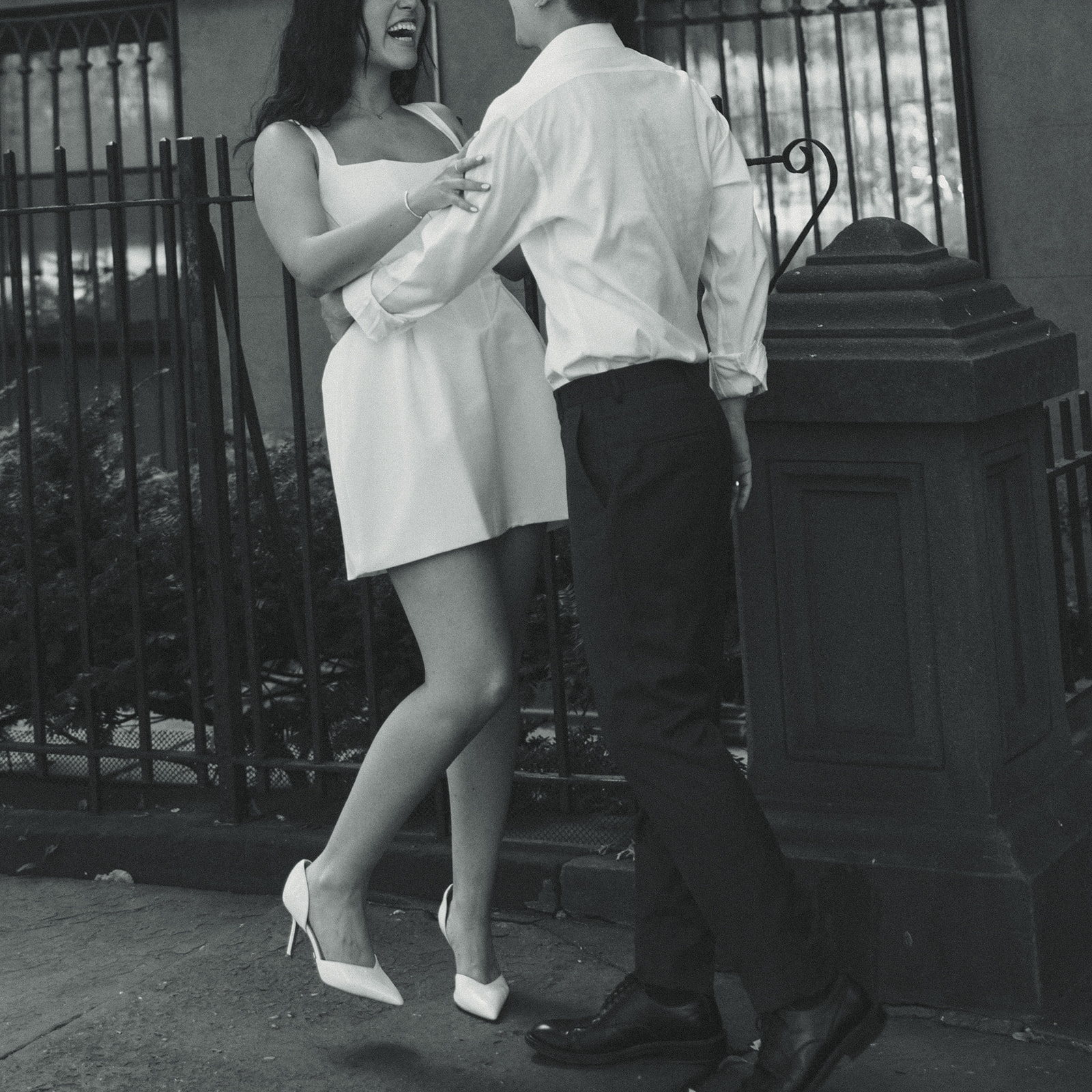 Brooklyn Heights Historic District, NYC Engagement Session Playful Engagement Photos Black and White