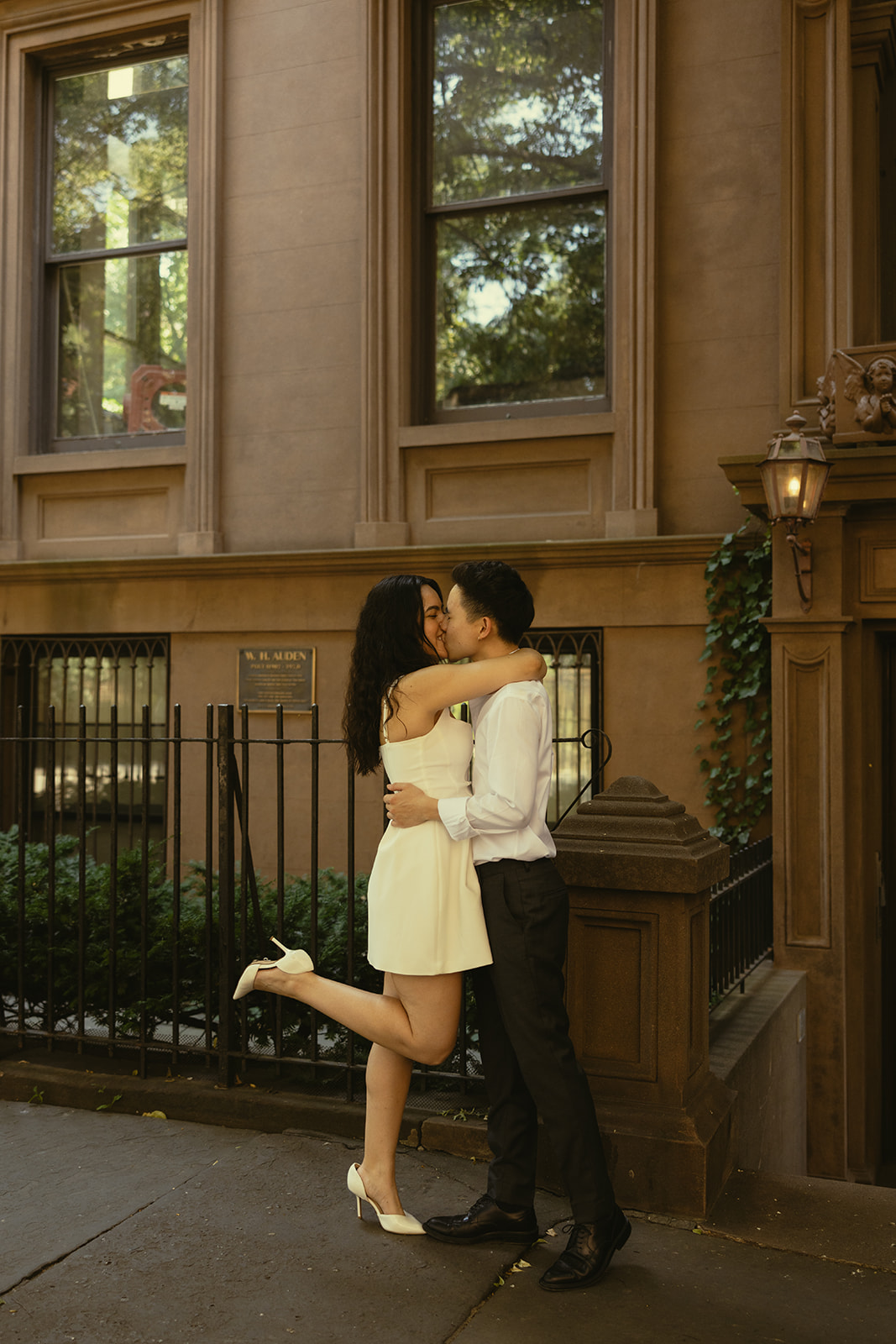 Brooklyn Heights Historic District Engagement Session Kissing Couple Editorial Engagement Photos in New York