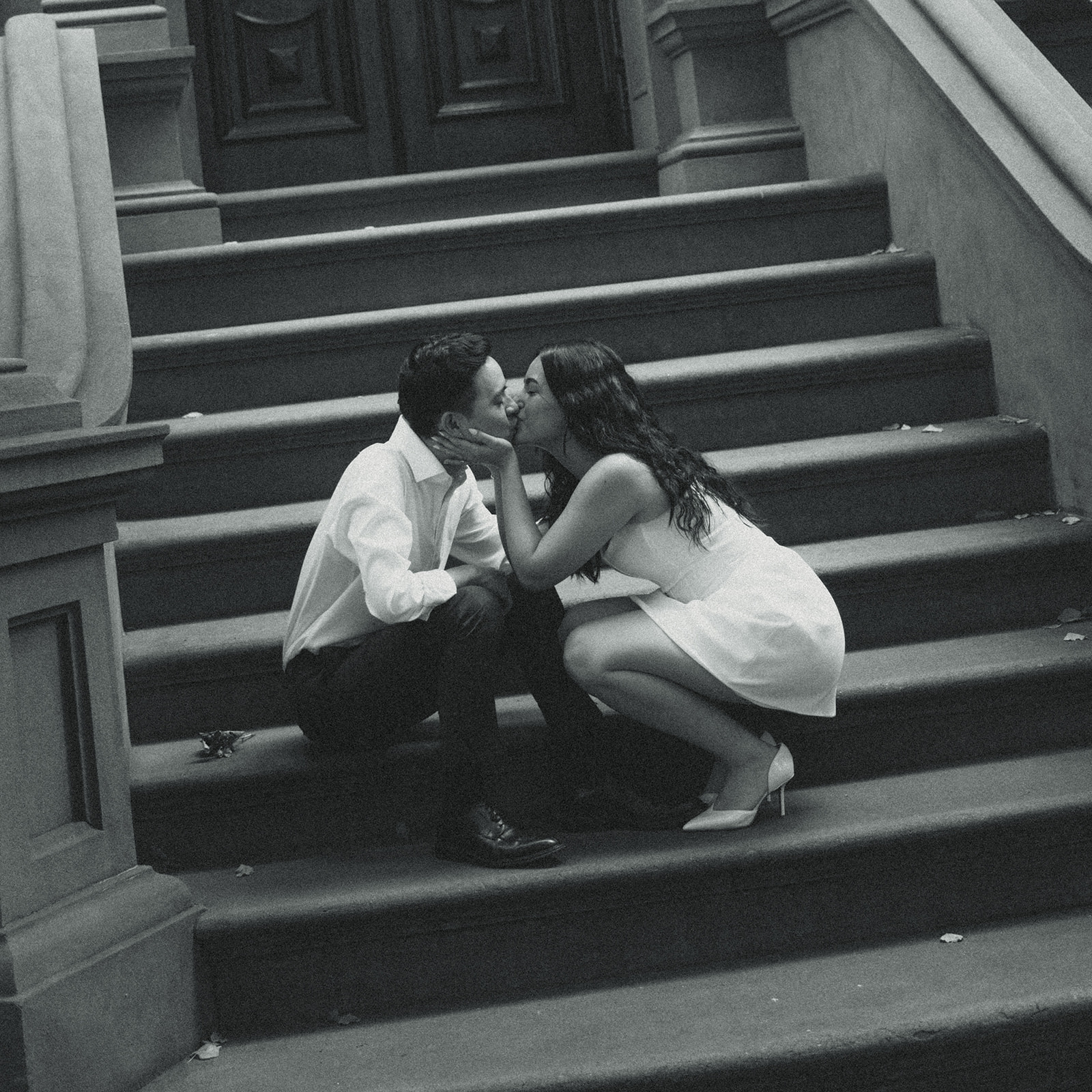 Brooklyn Heights Promenade Engagement Photos Brownstone Homes Couple Photos Black and White Vintage Engagement Photos